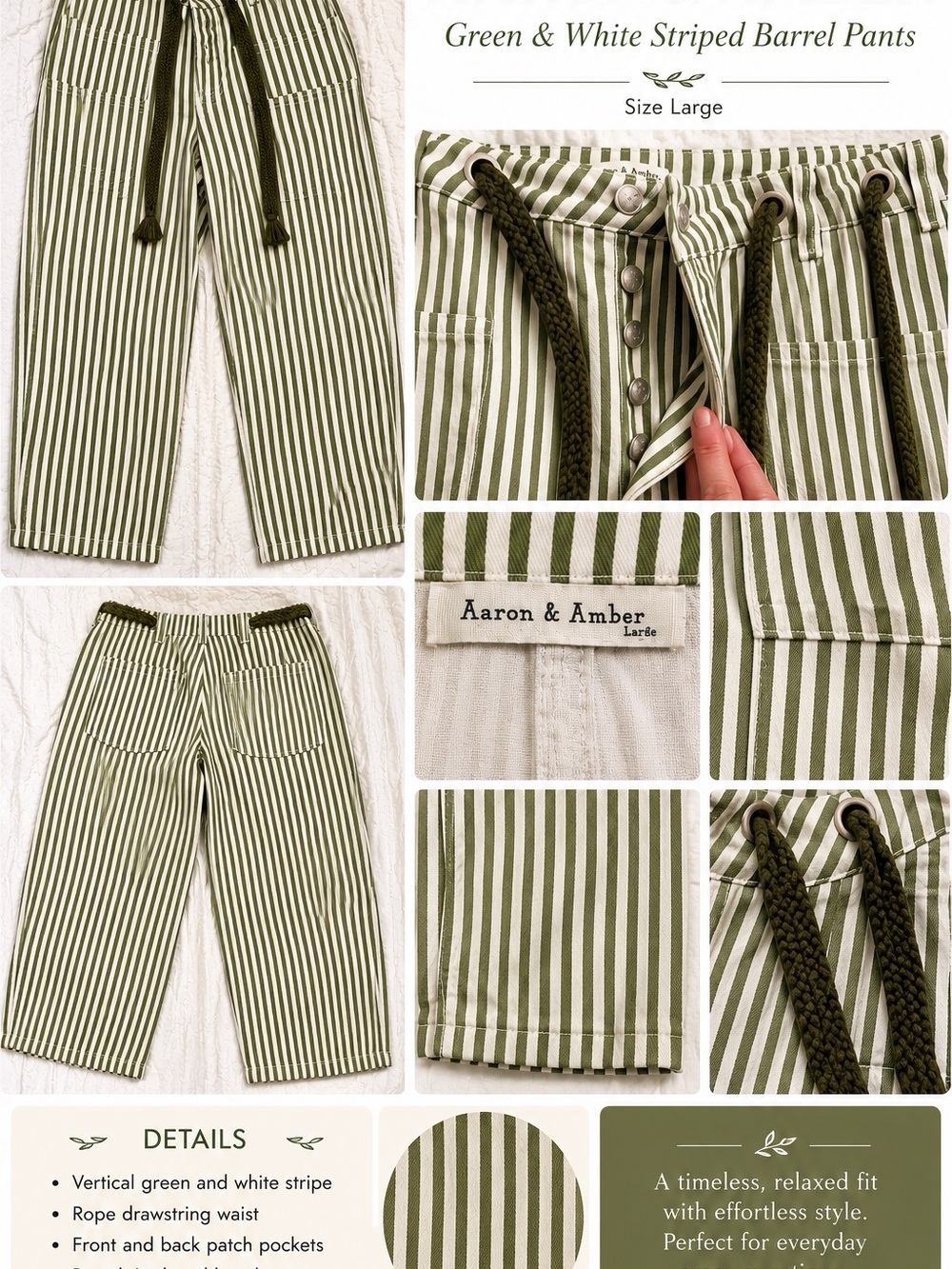 Aaron & Amber Olive Green and White Striped Cropped Pants